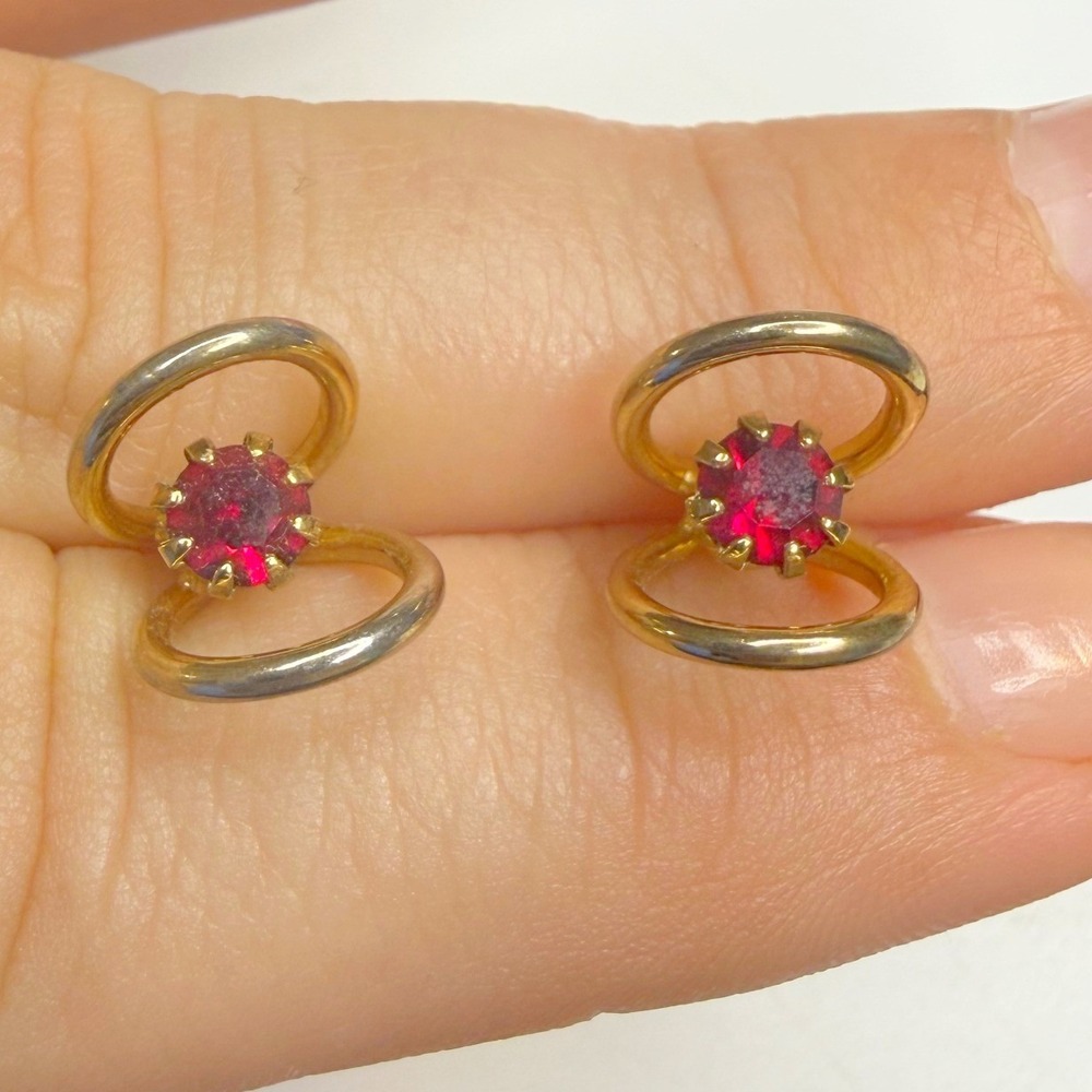 Vintage Gold Tone Red Rhinestone Orbital Stud Earrings Geometric Double Hoop